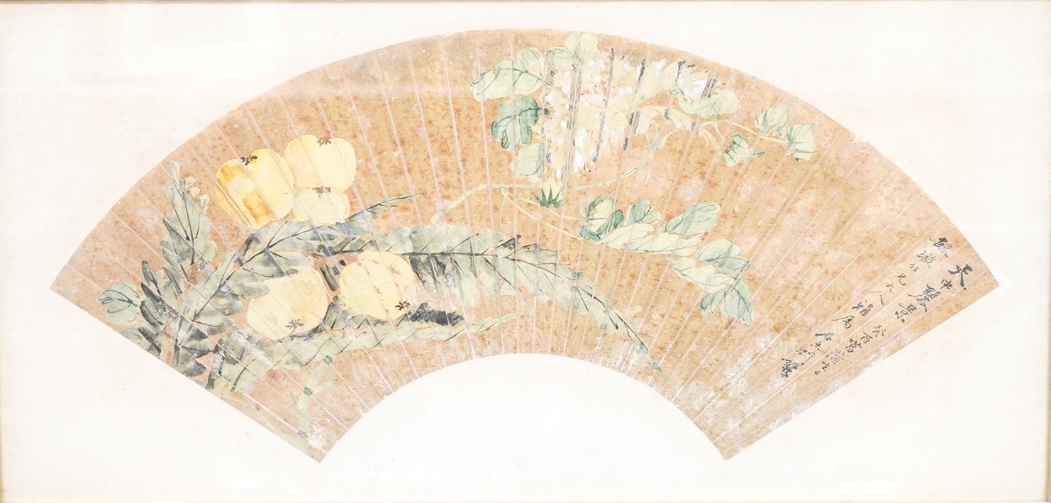 Early 20th century, Chinese School, hand painted fan, signed with character marks and red seal marks, 26 x 53cm, framed